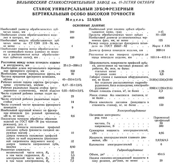 Технічні характеристики зубофрезерного верстата 53а20